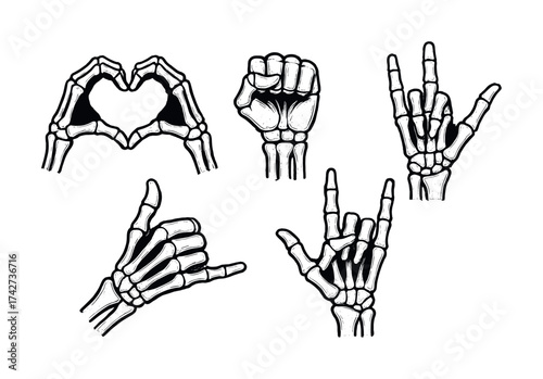 Vector Skeleton hands in various sign language gestures: heart, fist, love