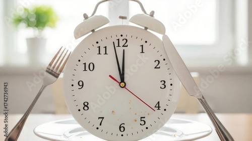 Time for breakfast concept featuring clock on plate with fork and knife