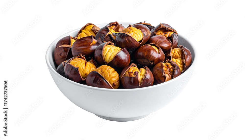 Fototapeta premium Roasted chestnuts in white bowl on transparent background