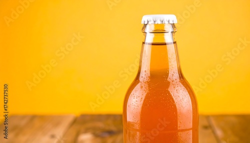 Refreshing Beer Bottle on Wooden Surface with Yellow Backdrop.