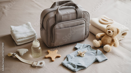 Baby essentials laid out with diaper bag and teddy bear