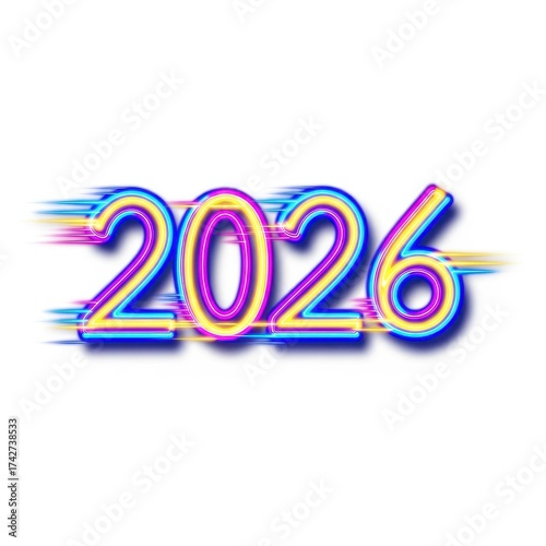 Vibrant 2026 Neon Number Design with Colorful Motion Blur Effect for Modern Visuals