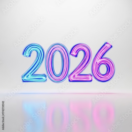 Bright Neon Number Design for the Year 2026 in Vibrant Colors on a Soft Background