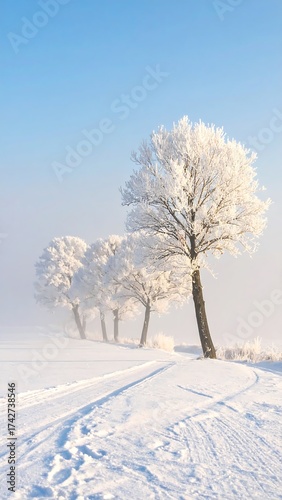 Winter Wonderland - Snow-Covered Trees and Footprints in a Serene Landscape.