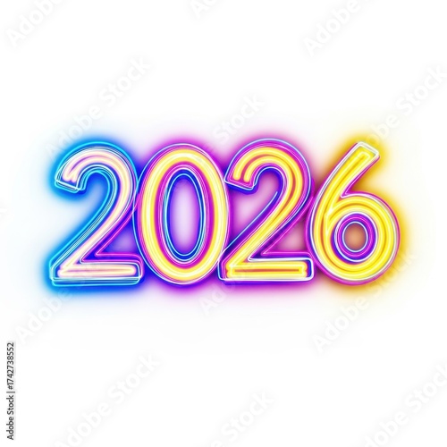Vibrant Neon 2026 Sign Glowing in Bright Colors on White Background for Celebratory Themes