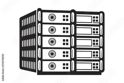 Server Rack Illustration, Black and White Network Data Storage on White Background