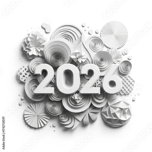 Creative Paper Sculpture Design for Year 2026 Featuring Abstract Shapes and Patterns