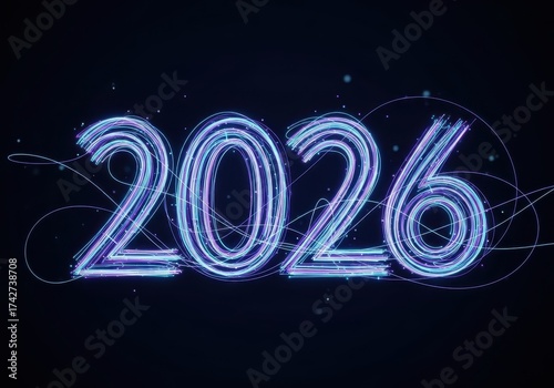 Bright Neon Digital Numbers Representing Year 2026 in Dark Background with Light Trails
