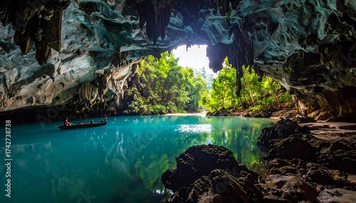 View from inside a cave looking onto a turquoise water and boat