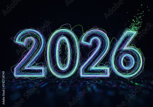 Abstract Neon Light Representation of the Year 2026 with Colorful Swirls and Glows