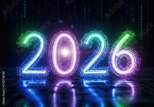 Neon Glowing 2026 Numbers with Digital Background and Light Effects for New Year Celebration