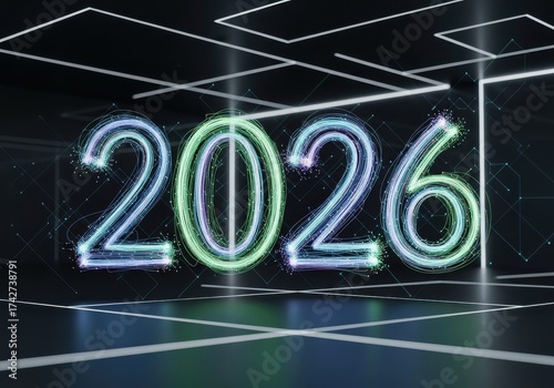 Glowing Neon Text Displaying Year 2026 in a Modern Futuristic Environment with Dynamic Lights