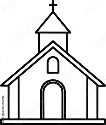 Black outline small chapel building with cross on white background church icon