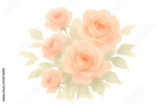 Watercolor rose floral bouquet illustration creating a romantic design with delicate peach blossoms and soft green leaves