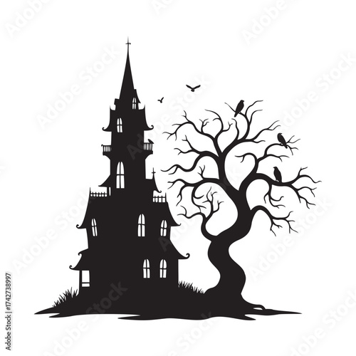 Spooky haunted house silhouette with gnarled tree and ravens, perfect for Halloween designs and eerie themed projects, originally created as vector art