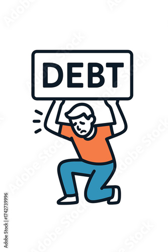 Man kneeling under heavy debt sign burden financial stress vector