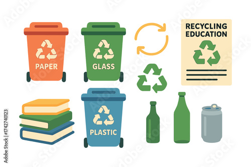Vector Recycling bins and waste sorting symbols for environmental education