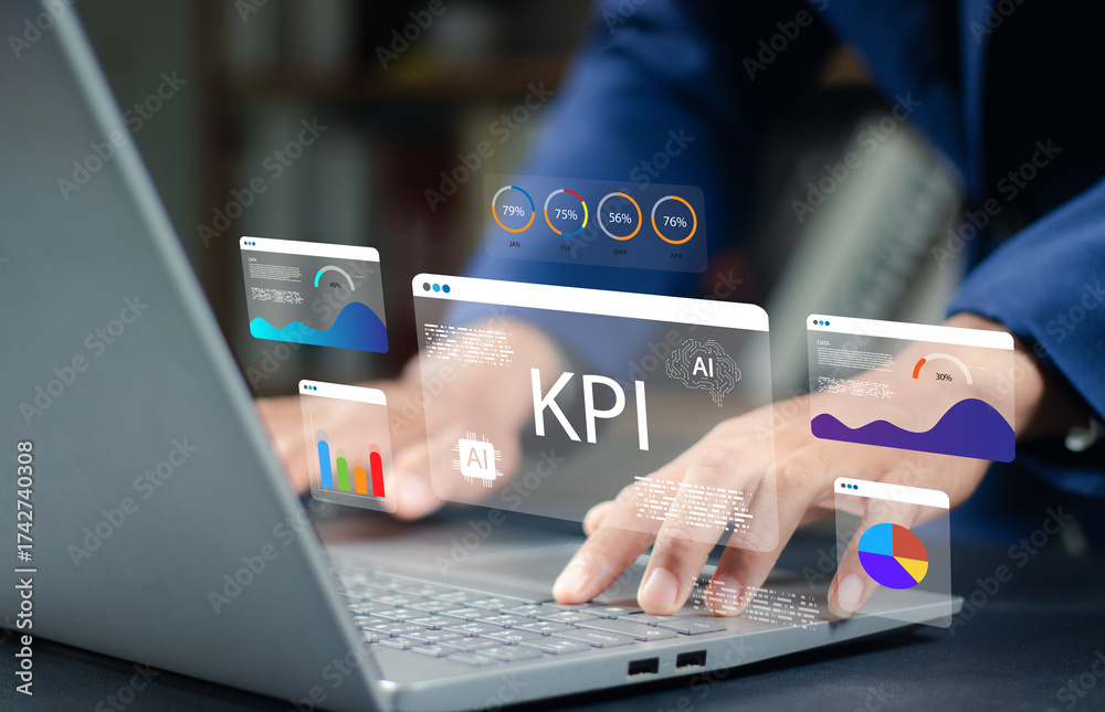 Fototapeta premium Businessman analyzing KPI dashboard and data analytics using AI technology, showing charts, graphs, and performance indicators for digital strategy, business intelligence, and data visualization.