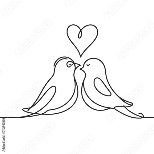 Love birds figurine in simple line art style with heart symbol  