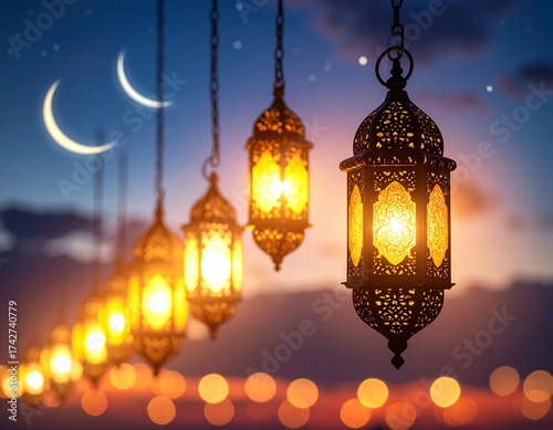 Ramadan Lanterns Glow Under Crescent Moons - A Festive Night.