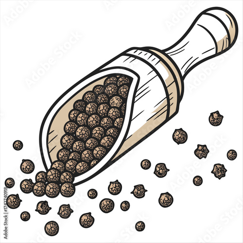 Aromatic black peppercorns overflowing from a rustic wooden scoop, a rich culinary delight against a bright white background