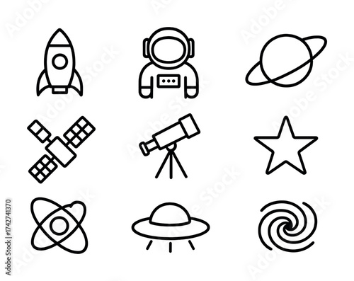 Vector Space icons set: rocket, astronaut, planet, satellite, telescope, star, atom, ufo, galaxy