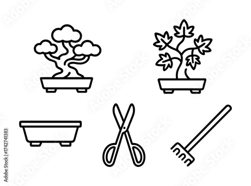 Vector Bonsai tree care tools: scissors, rake, pots and trees in outline design