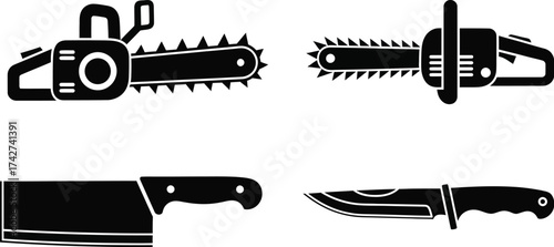 Chainsaw knife butcher knife sharp blade cutting tool vector icon set
