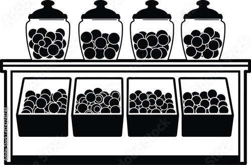 Black and white candy shop display jars sweets confectionery store
