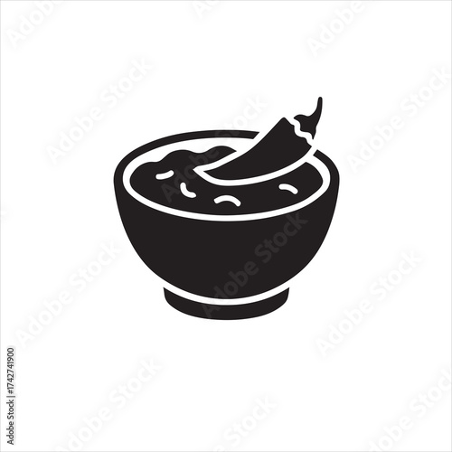 Chili Silhouette Icon – Black Vector Bowl of Chili Illustration with Pepper Garnish on White Background