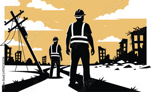 Inspectors workers damage assessment after disaster building collapse