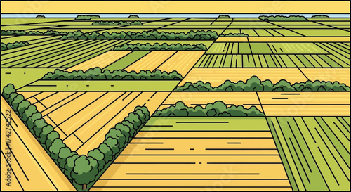 Aerial view of farm fields agriculture landscape crop cultivation