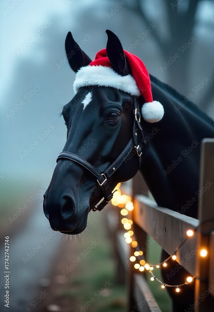 Obraz premium A majestic black horse adorned with a Santa hat stands gracefully by a wooden fence, illuminated by twinkling lights against a serene winter backdrop, evoking a festive holiday atmosphere