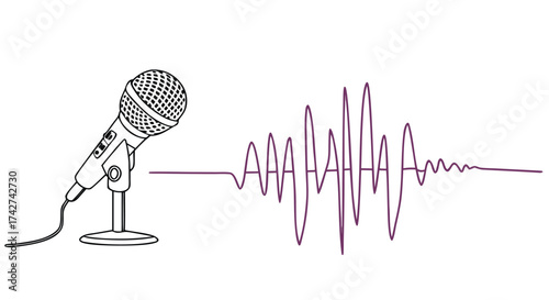Dynamic microphone with sound waves, perfect for podcasting, radio, or music recording

