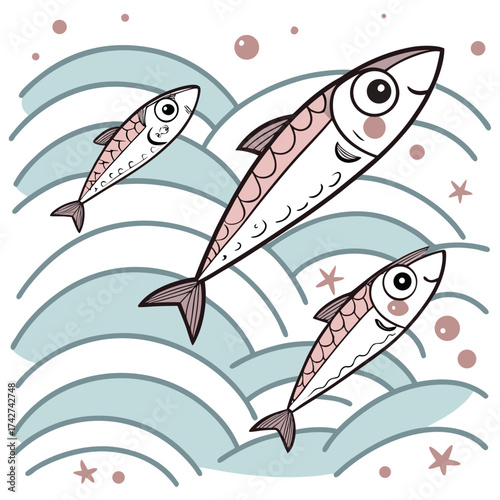 Three cute cartoon fishes swim in a wavy sea with bubbles and starfishes