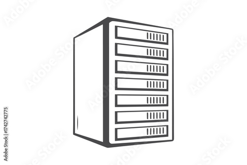 Server Rack with Storage Slots Minimalist Outline on White Background Design