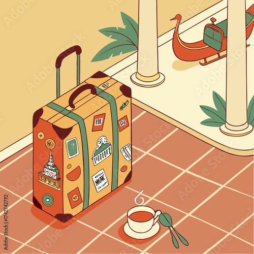 Suitcase with travel stickers and a cup of tea in a waiting room