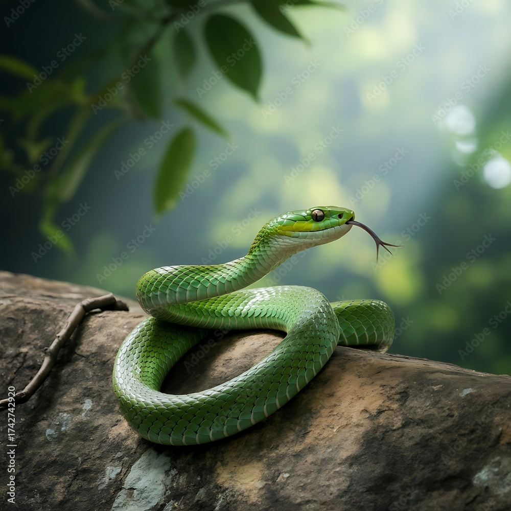 Obraz premium Green snake with tongue flicking on textured rock reptile