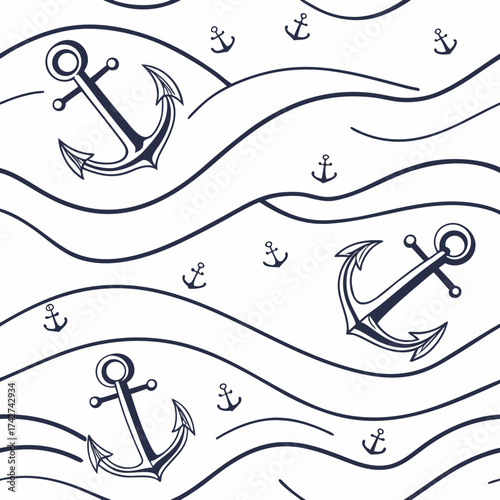 Seamless pattern with anchor and wave, nautical design