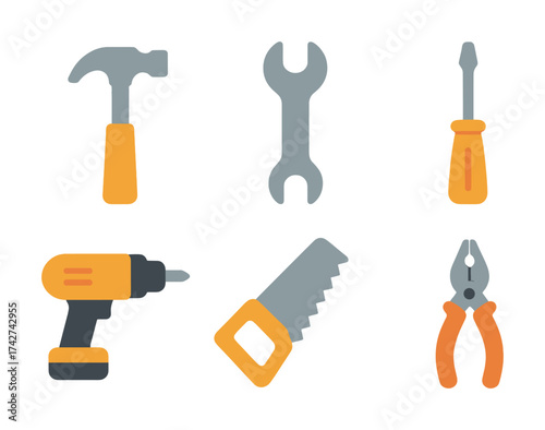 Vector Collection of hand tools including hammer, wrench, screwdriver, drill, saw, and pliers