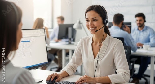Smiling customer support operator assisting client on a helpdesk hotline