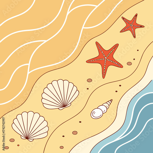 Sandy beach scene with seashells, starfish, and gentle waves illustration