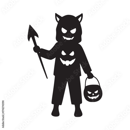Spooky Halloween fun with a cute devilish costume and candy bucket, perfect for seasonal promotions and playful designs with a mischievous touch