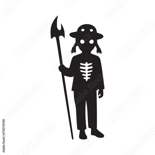 Spooky Halloween fun illustration of a child dressed as a skeleton, complete with a spear, adding a playful yet eerie touch to Halloween celebrations