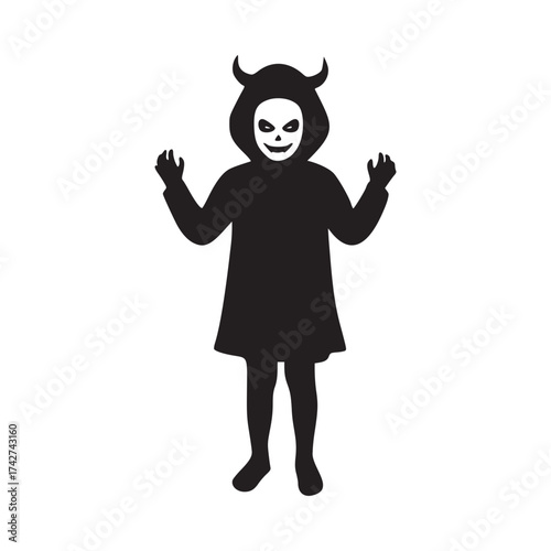Spooky Halloween delight a child dressed in a devil costume with a skull mask beckons, perfect for holiday-themed designs and playful seasonal promotions