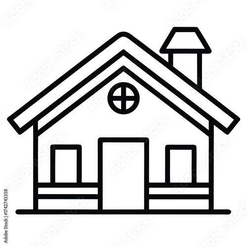 snow covered cabin simple vector icon on black color and white background