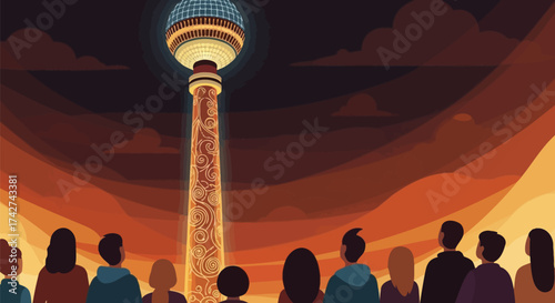 Illustrated night scene with people gazing at an illuminated tower