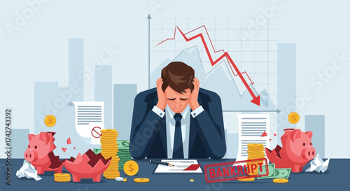 Financial crisis illustration depicting bankruptcy and market crash loss