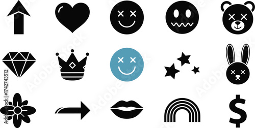 Arrow heart diamond crown flower emoji stars rainbow bunny dollar lips