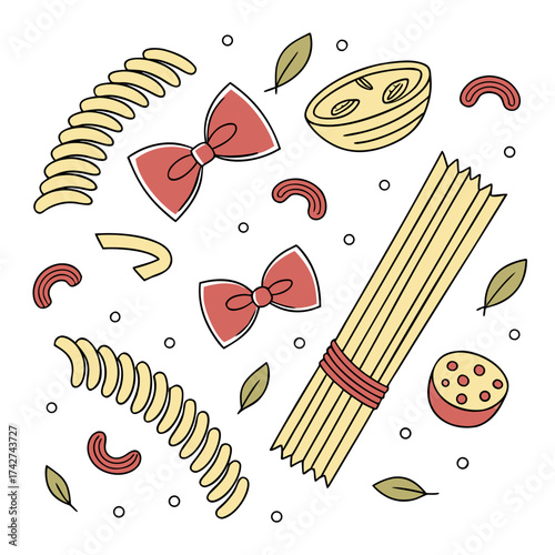 Illustration of various types of pasta, including farfalle and spaghetti